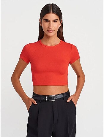 DILVIN T-shirt Crop Femme Coupe Slim À Col Rond