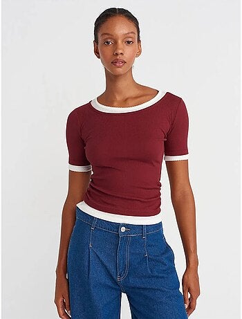 DILVIN T-shirt Crop Femme Coupe Slim À Col Rond