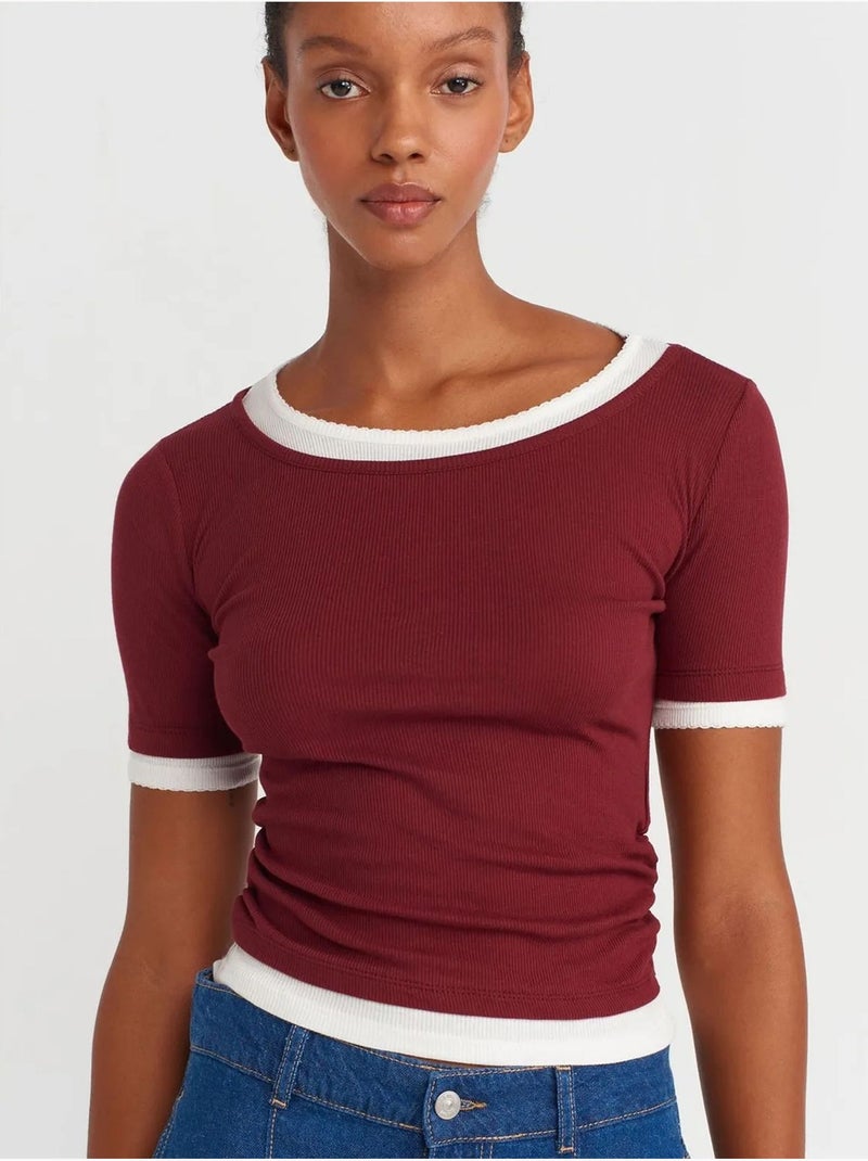 DILVIN T-shirt Crop Femme Coupe Slim À Col Rond Rouge bordeaux - Kiabi