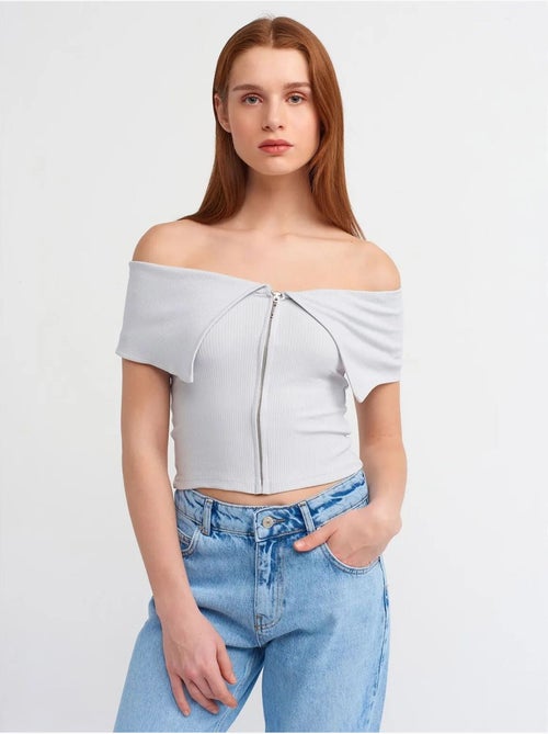 DILVIN T-shirt Crop Femme Épaules Dénudées À Fermeture Éclair - Kiabi
