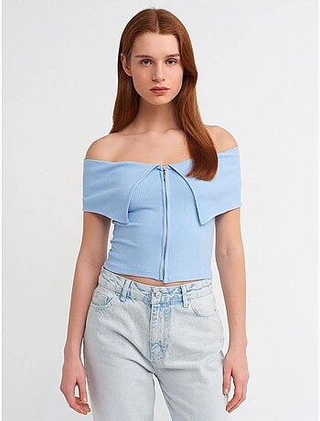 DILVIN T-shirt Crop Femme Épaules Dénudées À Fermeture Éclair