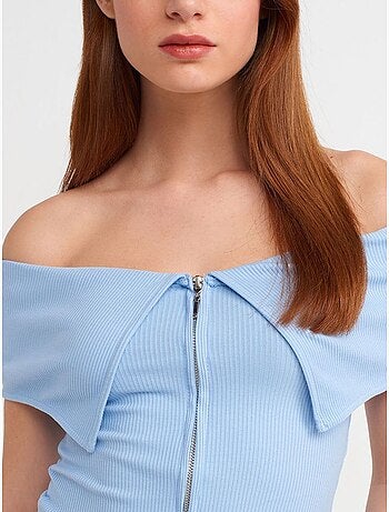 DILVIN T-shirt Crop Femme Épaules Dénudées À Fermeture Éclair