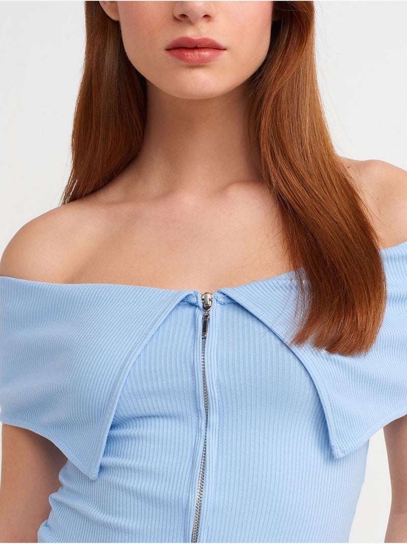 DILVIN T-shirt Crop Femme Épaules Dénudées À Fermeture Éclair Bleu ciel - Kiabi