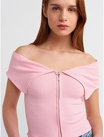 DILVIN T-shirt Crop Femme Épaules Dénudées À Fermeture Éclair