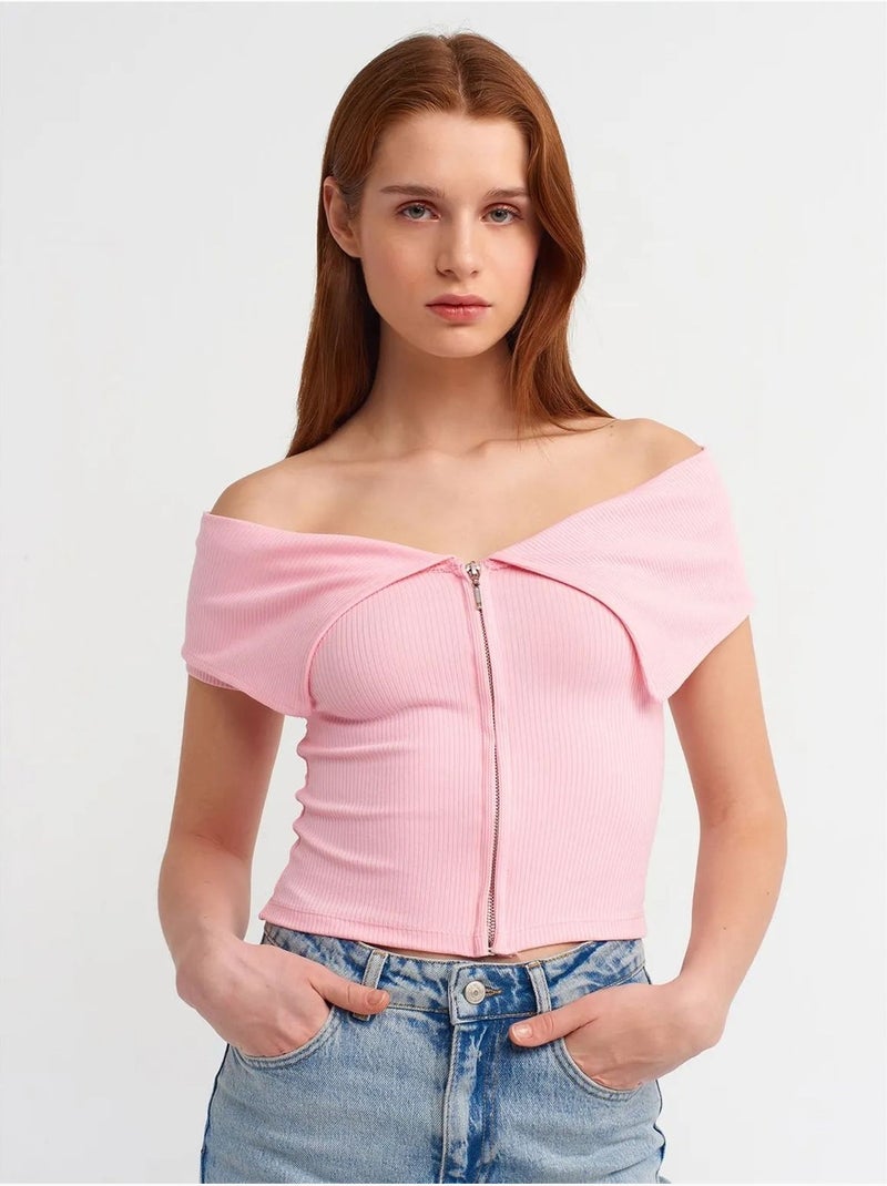 DILVIN T-shirt Crop Femme Épaules Dénudées À Fermeture Éclair Rose dragée - Kiabi