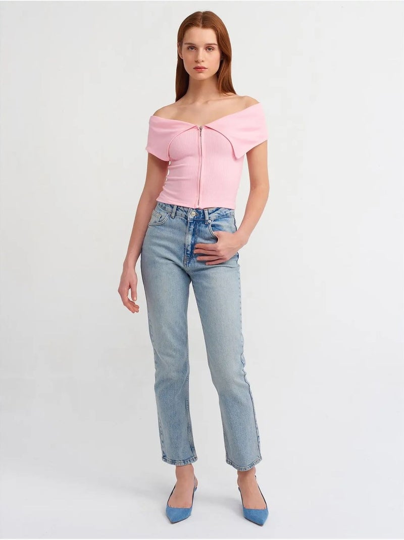 DILVIN T-shirt Crop Femme Épaules Dénudées À Fermeture Éclair Rose dragée - Kiabi