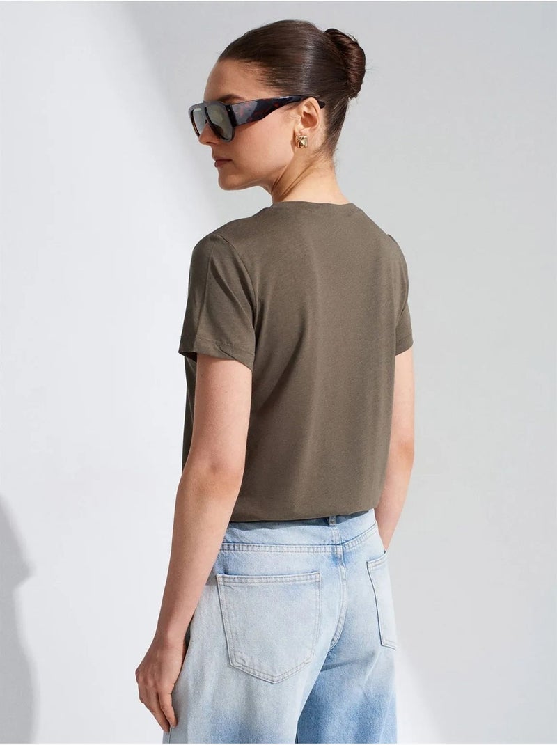 DILVIN T-shirt Femme À Col Rond Et Manches Courtes Kaki - Kiabi