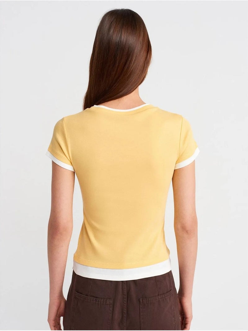 DILVIN T-shirt Femme Ajusté En Coton, Col Rond Jaune citron - Kiabi