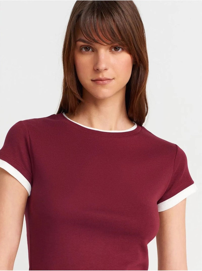 DILVIN T-shirt Femme Ajusté En Coton, Col Rond Rouge bordeaux - Kiabi