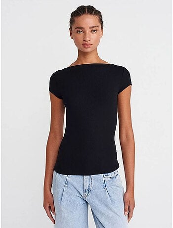 DILVIN T-shirt Femme Côtelé À Col Bateau, Coupe Ajustée
