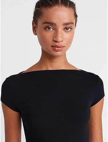 DILVIN T-shirt Femme Côtelé À Col Bateau, Coupe Ajustée