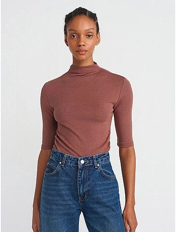 DILVIN T-shirt Femme Coupe Slim À Col Montant Court
