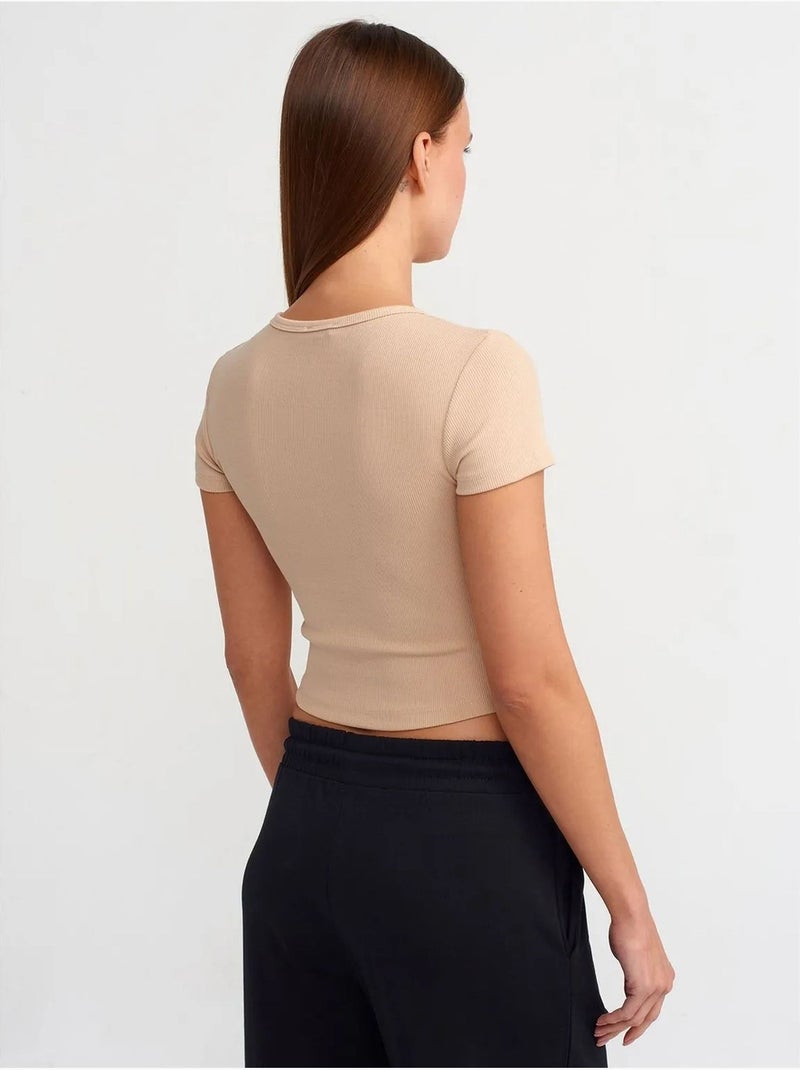 DILVIN T-shirt Femme Court Coupe Slim À Col Rond Beige clair - Kiabi
