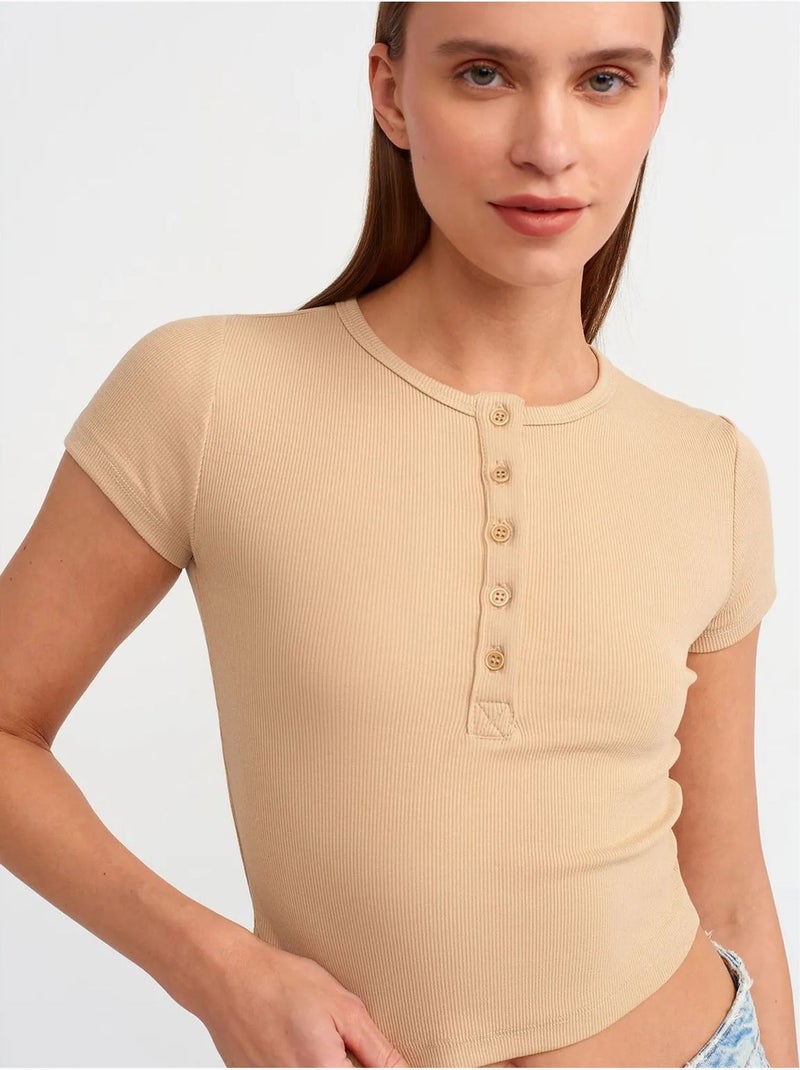 DILVIN T-shirt Femme Court Coupe Slim À Col Rond Beige naturel - Kiabi