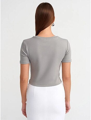 DILVIN T-shirt Femme Crop Slim À Col Rond