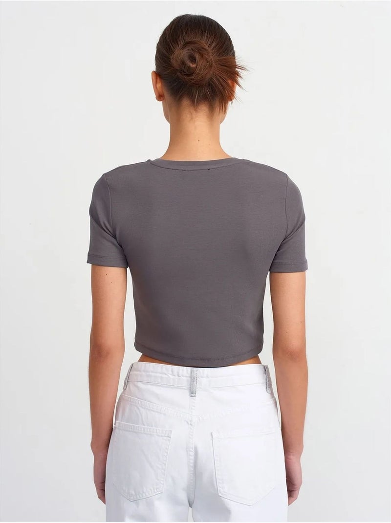 Dilvin t-shirt femme crop slim à col rond Gris Noir - Kiabi