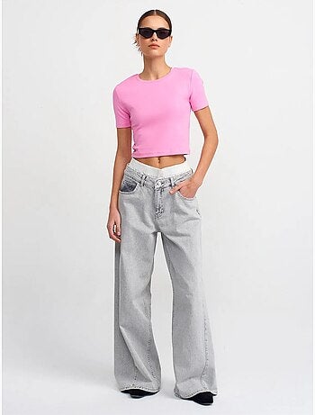 DILVIN T-shirt Femme Crop Slim À Col Rond