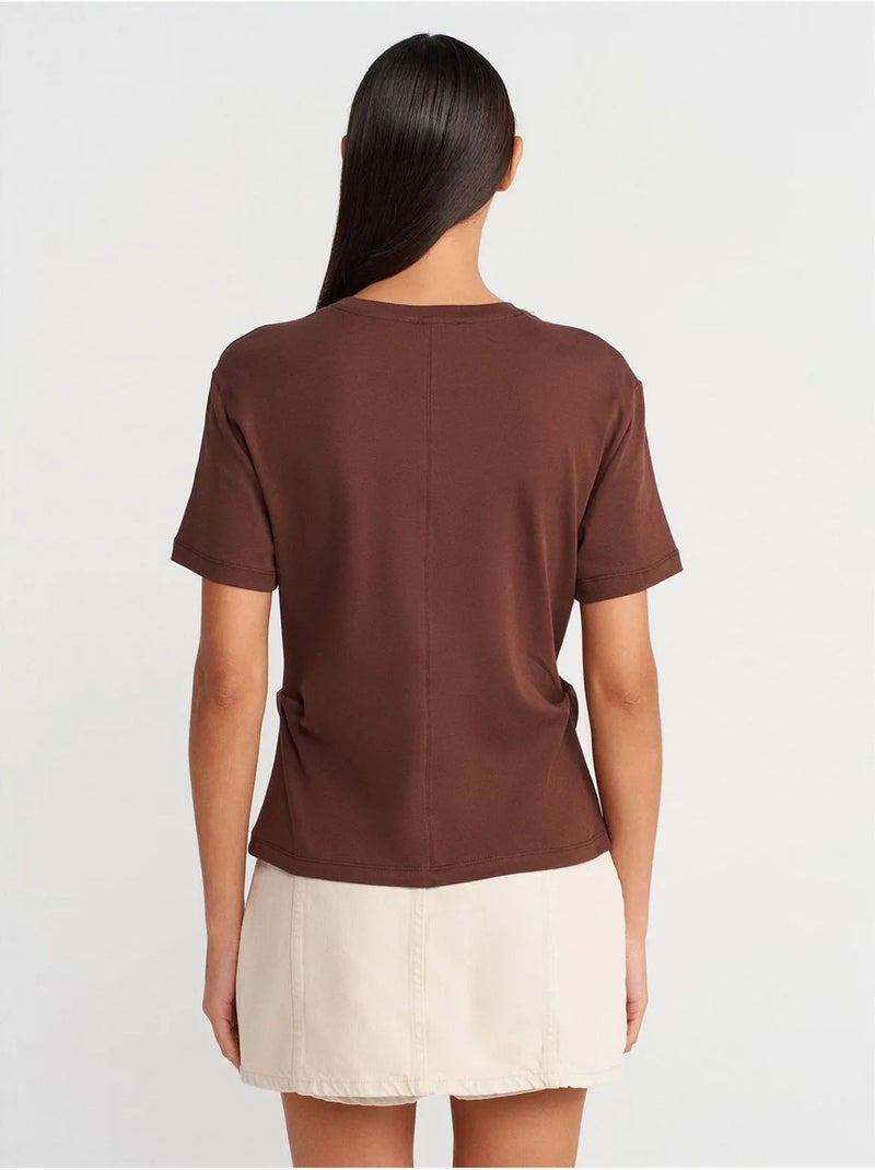 DILVIN T-shirt Femme En Coton À Col Rond Avec Fente Marron - Kiabi