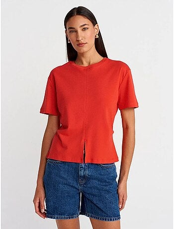 DILVIN T-shirt Femme En Coton À Col Rond Avec Fente