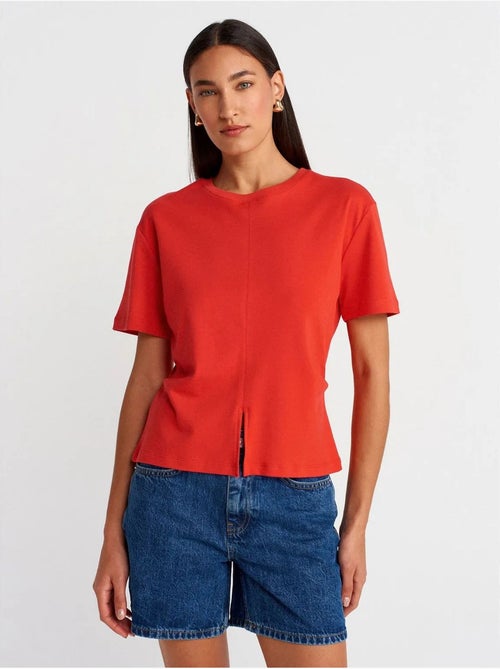 DILVIN T-shirt Femme En Coton À Col Rond Avec Fente - Kiabi