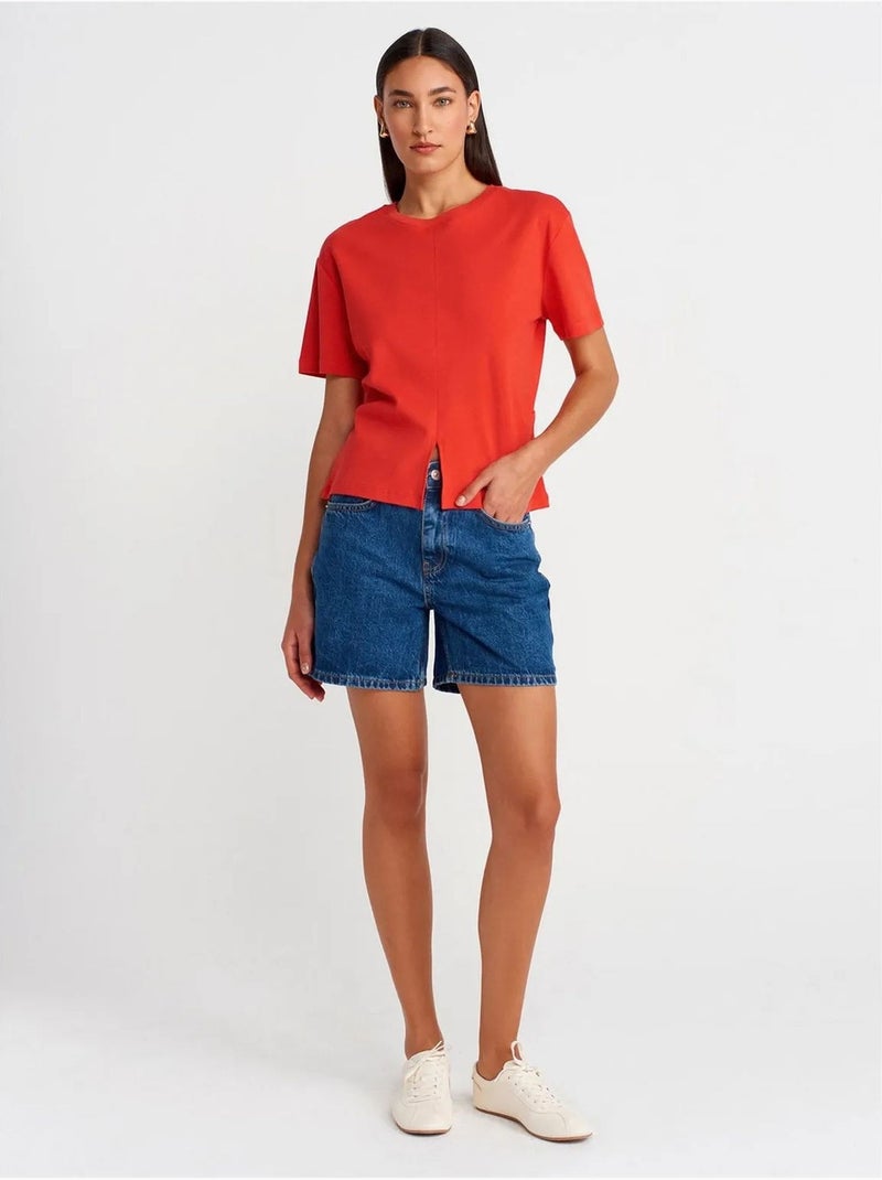 DILVIN T-shirt Femme En Coton À Col Rond Avec Fente Rouge - Kiabi