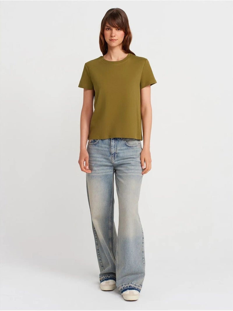 DILVIN T-shirt Femme En Coton À Col Rond Côtelé Kaki - Kiabi