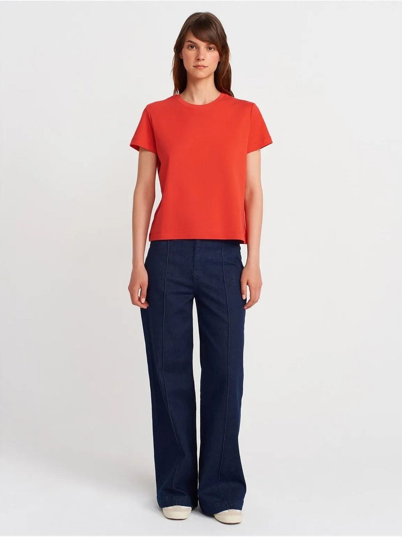 DILVIN T-shirt Femme En Coton À Col Rond Côtelé Orange - Kiabi