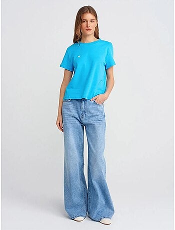DILVIN T-shirt Femme En Coton À Col Rond Et Broderie