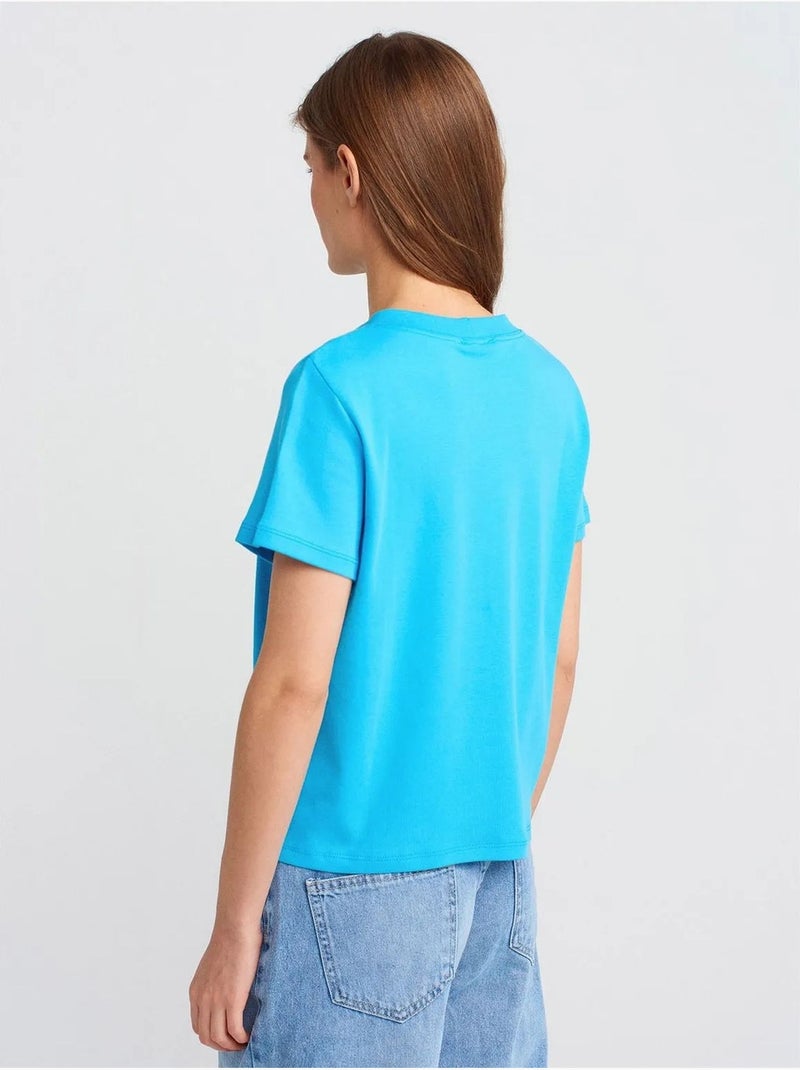 DILVIN T-shirt Femme En Coton À Col Rond Et Broderie Bleu électrique - Kiabi