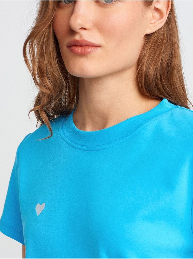 DILVIN T-shirt Femme En Coton À Col Rond Et Broderie Bleu électrique - Kiabi