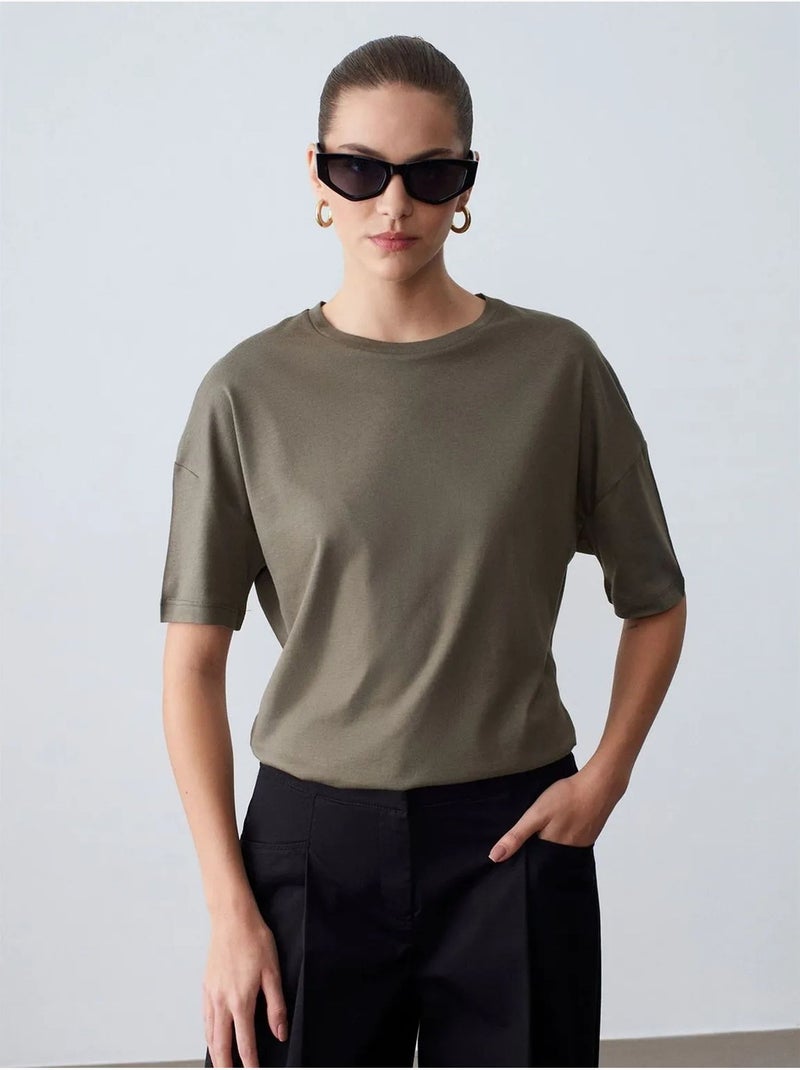 DILVIN T-shirt Femme En Coton À Col Rond Kaki - Kiabi
