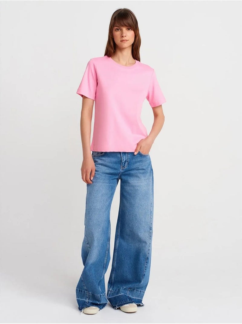 DILVIN T-shirt Femme En Coton À Col Rond Rose fluo/Solinotes - Kiabi