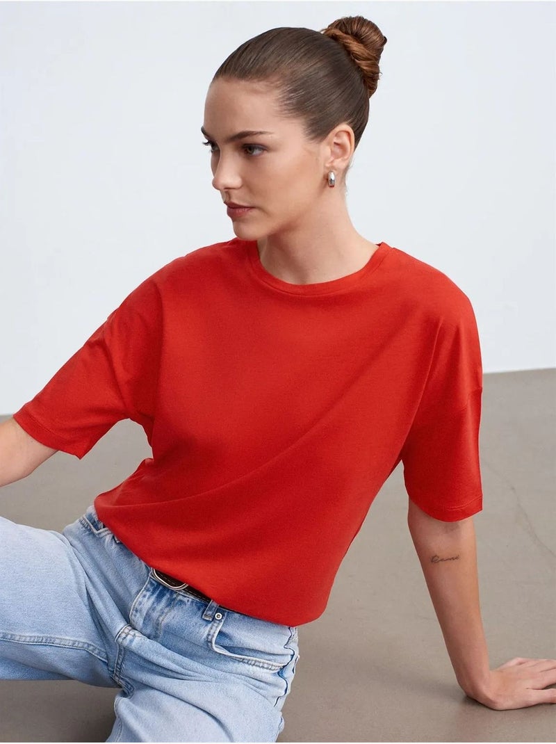 DILVIN T-shirt Femme En Coton À Col Rond Rouge - Kiabi