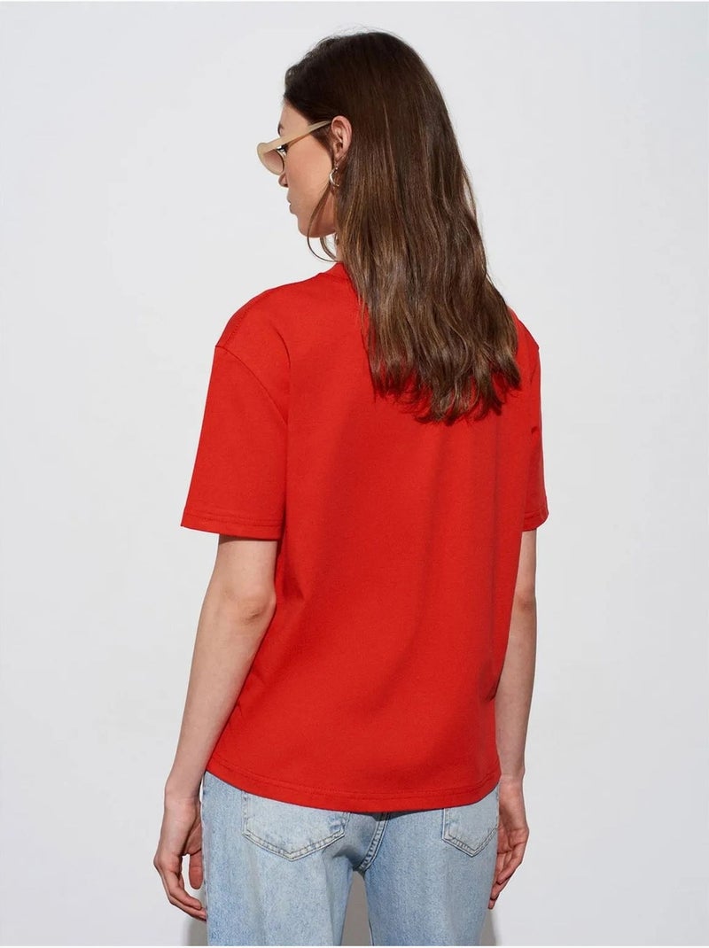DILVIN T-shirt Femme En Coton À Col Rond Rouge - Kiabi