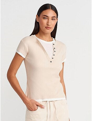 Dilvin t-shirt femme en coton à col v et patte de boutonnage