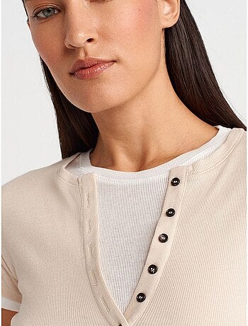 Dilvin t-shirt femme en coton à col v et patte de boutonnage