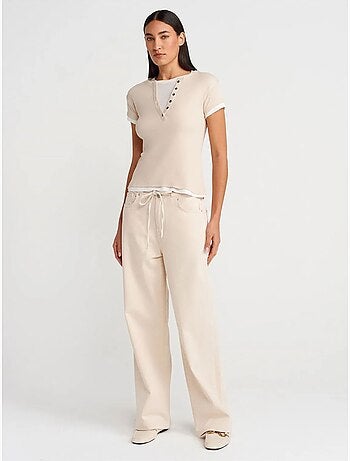 Dilvin t-shirt femme en coton à col v et patte de boutonnage