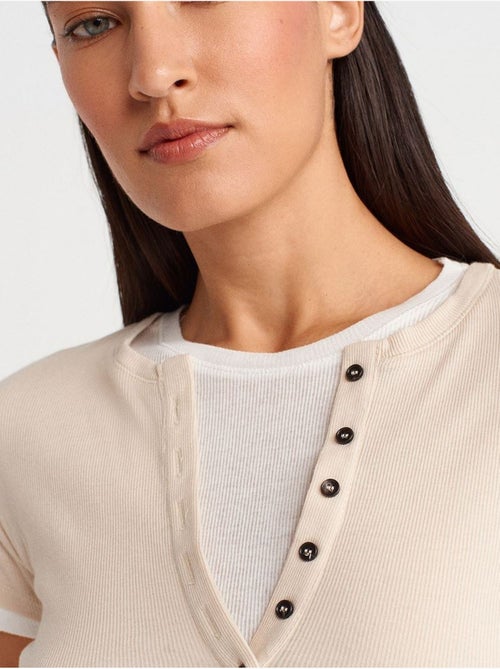 DILVIN T-shirt Femme En Coton À Col V Et Patte De Boutonnage - Kiabi