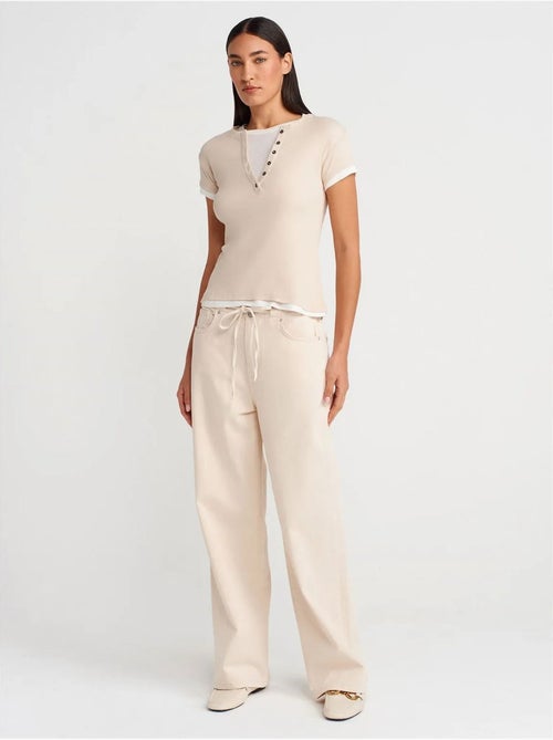 DILVIN T-shirt Femme En Coton À Col V Et Patte De Boutonnage - Kiabi