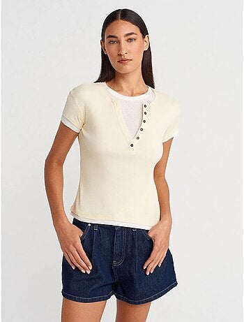 DILVIN T-shirt Femme En Coton À Col V Et Patte De Boutonnage