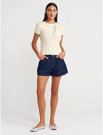 DILVIN T-shirt Femme En Coton À Col V Et Patte De Boutonnage