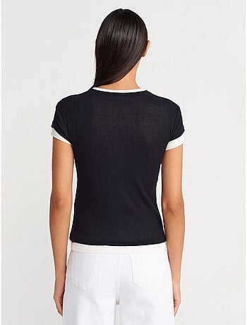 DILVIN T-shirt Femme En Coton À Col V Et Patte De Boutonnage