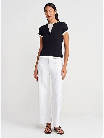 DILVIN T-shirt Femme En Coton À Col V Et Patte De Boutonnage