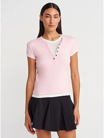 DILVIN T-shirt Femme En Coton À Col V Et Patte De Boutonnage