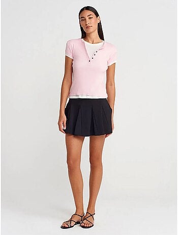 DILVIN T-shirt Femme En Coton À Col V Et Patte De Boutonnage