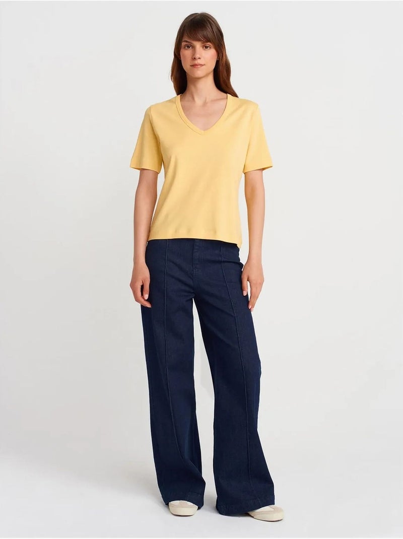 DILVIN T-shirt Femme En Coton Col V Jaune citron - Kiabi
