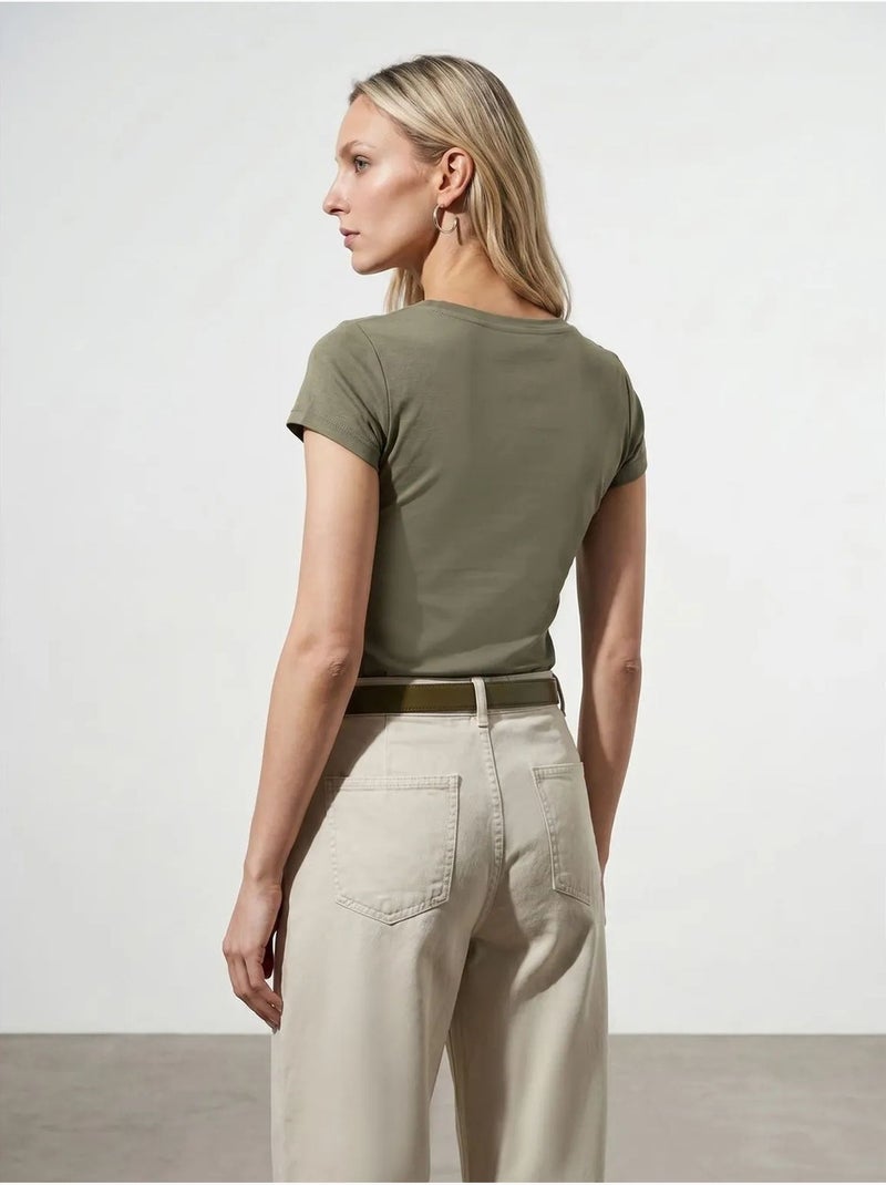 DILVIN T-shirt Femme En Coton, Coupe Slim, Col Rond Kaki - Kiabi