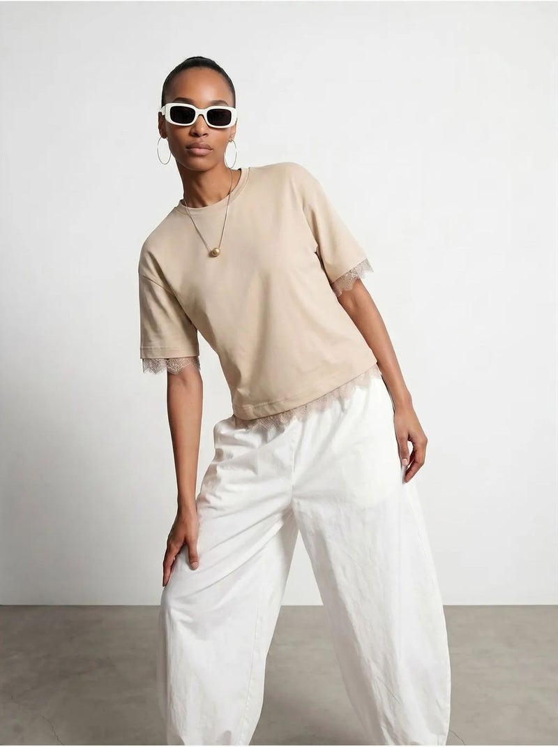 Dilvin t-shirt femme en coton et élasthanne à col rond Beige argile - Kiabi
