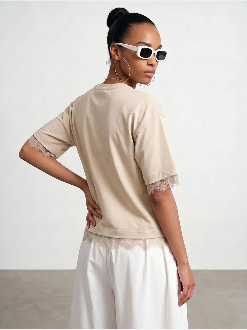 Dilvin t-shirt femme en coton et élasthanne à col rond Beige argile - Kiabi