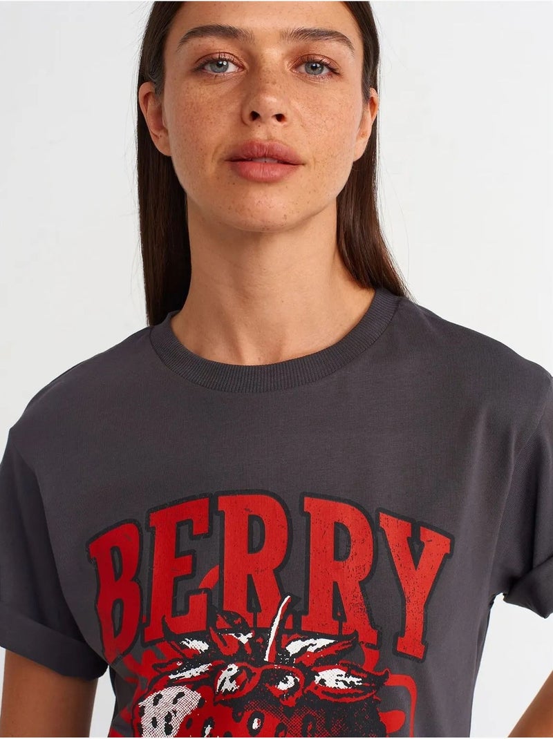 Dilvin t-shirt femme en coton imprimé à col rond Gris Noir - Kiabi